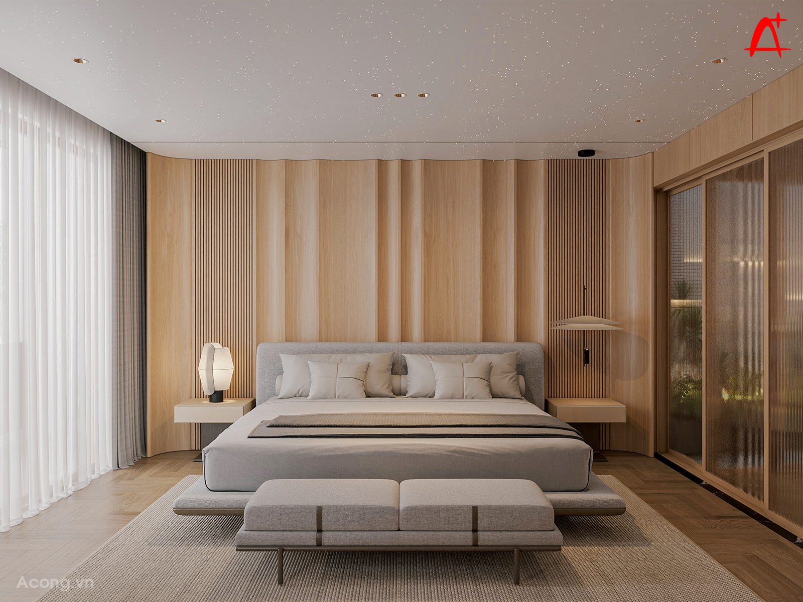 Không gian phòng ngủ sử dụng vật liệu gỗ sáng, ánh sáng dịu, tạo cảm giác ấm áp và thư giãn.